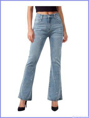 High Rise Flare Jeans Rhinestone Stretchy Denim Cropped Bootcut Women's